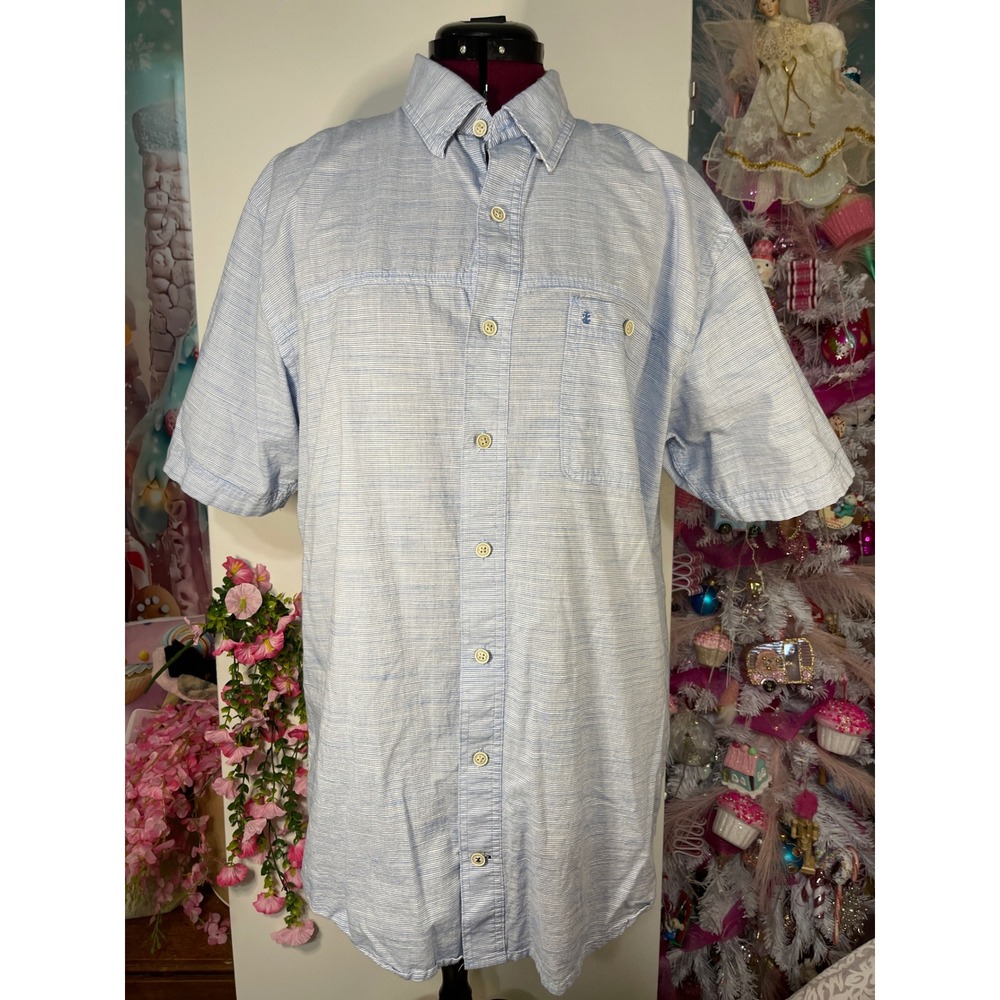 IZOD Saltwater Shirt Mens XLT Blue Good Short Sleeve Button Down Stripe Cotton